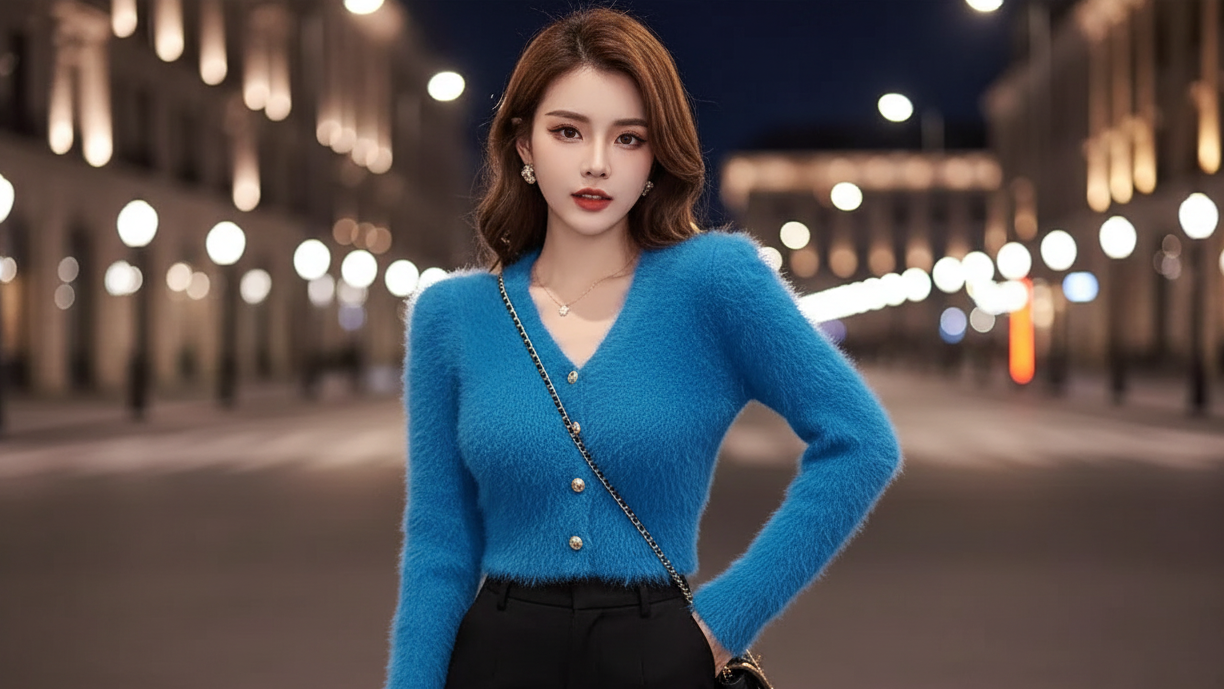 Blue Fluffy Cardigan Hero Banner - Evening Glam